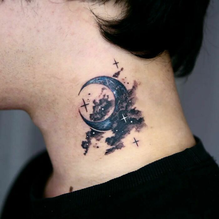 Moon and clouds neck tattoo