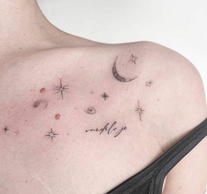 Tiny moon and stars collarbone tattoo