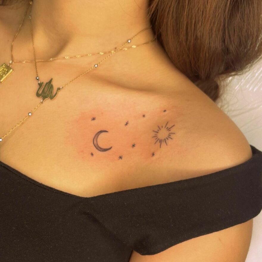 Tiny sun and moon collarbone tattoo
