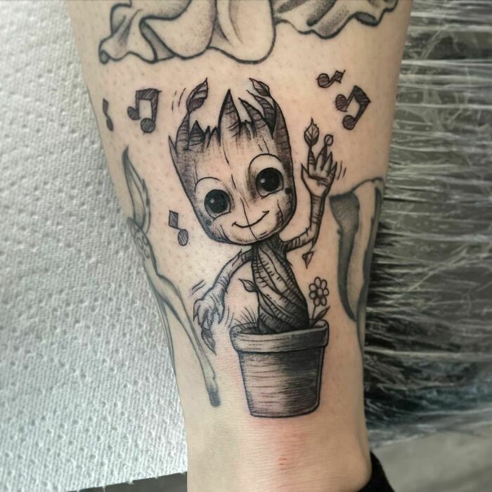 Groot in the pot waving tattoo 