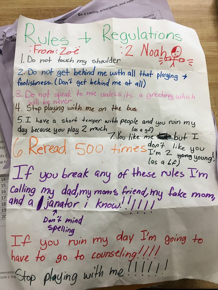 'Don't talk to me': Girl is tired of boy's attention and writes him a list of rules to follow around her