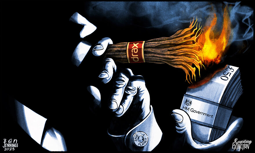 Rewriting Extinction Partners With Award-Winning Political Satirist Ben Jennings To Protest Drax Biomass Plant Rewriting Extinction Partners With Award-Winning Political Satirist Ben Jennings To Protest Drax Biomass Plant