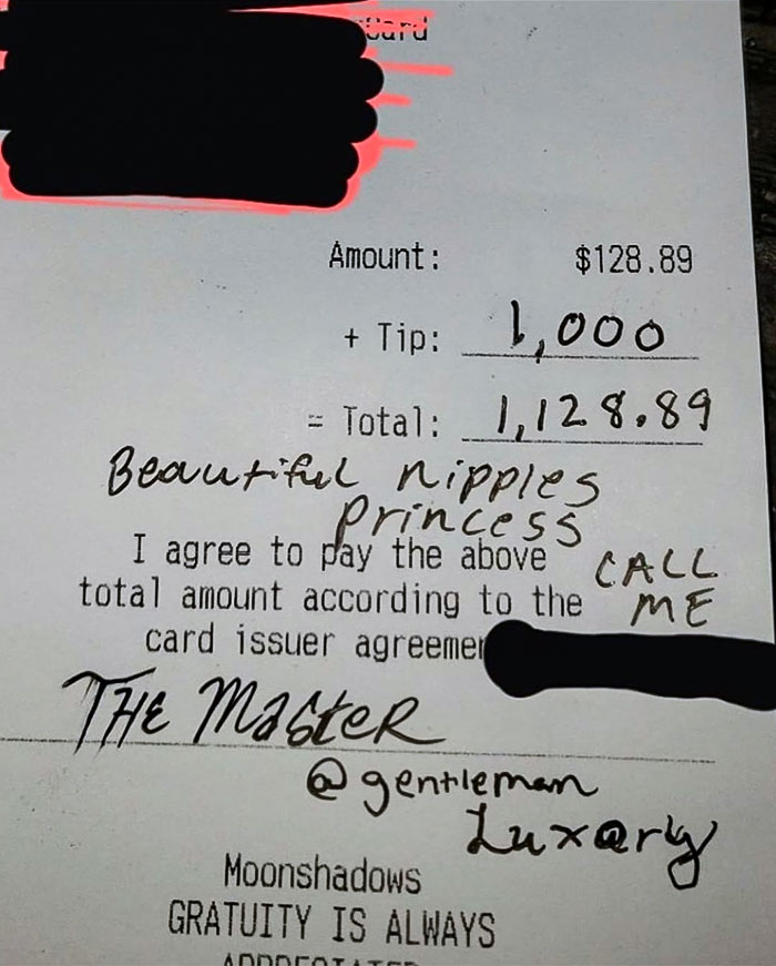 The Customer Left A Note On The Receipt Telling The Waitress To Call Him Cuz She Has "Beautiful Nipples"