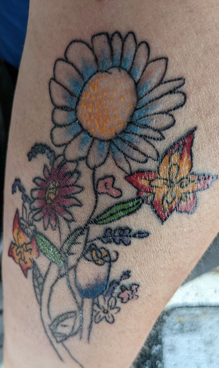 Flowers Drawn By My 4 Grandkids. It Was My First Tattoo And Got For Myself When I Turned 63