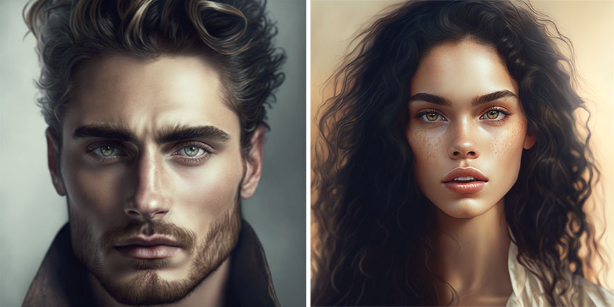 AI generated pictures of beautiful man and woman with dark hair from World