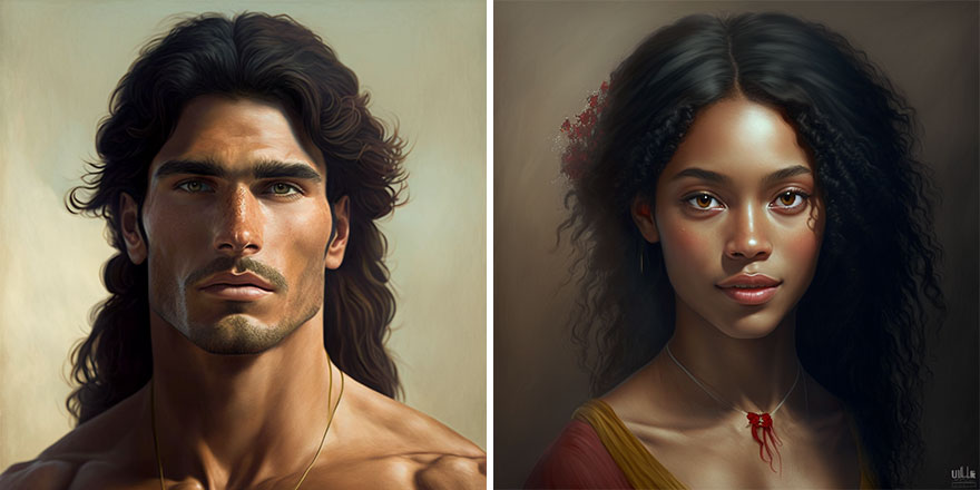 AI generated pictures of beautiful man and woman with dark long hair from Colombia