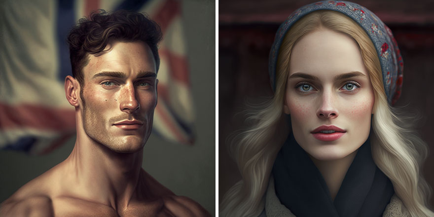 AI generated pictures of beautiful man and woman with dark and blonde hair from United Kingdom