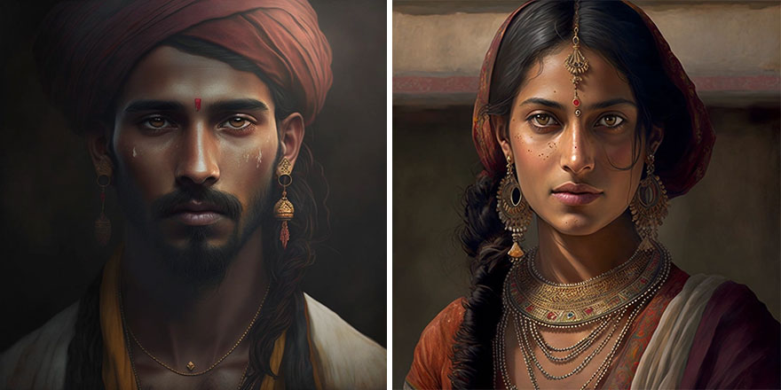 AI generated pictures of beautiful man and woman with dark long hair from India