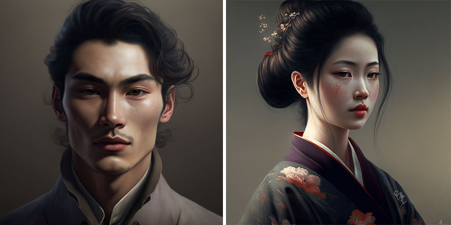 AI generated pictures of beautiful man and woman with dark long hair from Japan