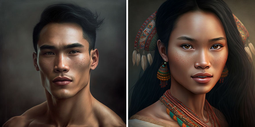AI generated pictures of beautiful man and woman with dark hair from Philippines