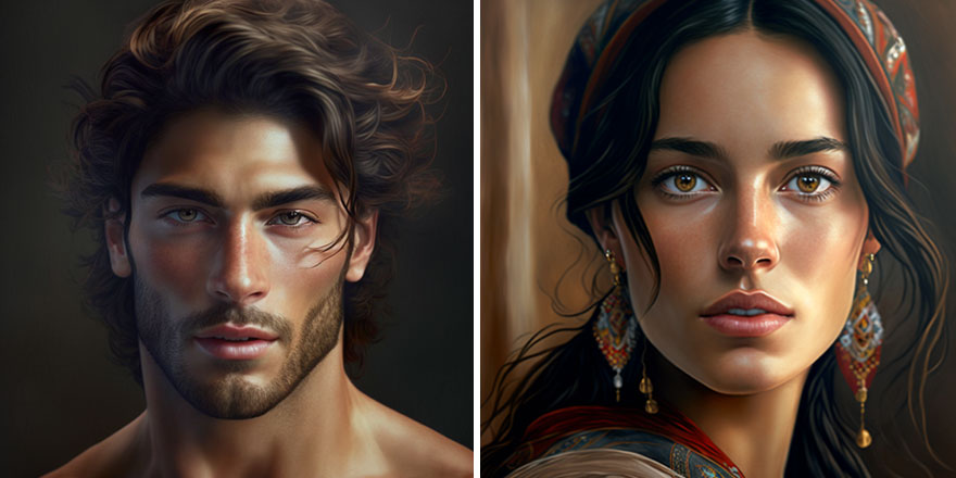 AI generated pictures of beautiful man and woman with dark hair from Spain