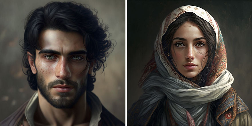 AI generated pictures of beautiful man and woman with dark hair from Syria