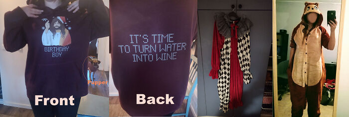 Couldn't Decide Between My Christmas Hoodie (Withfsm), Clown Costume I Made Or My Monkey Costume