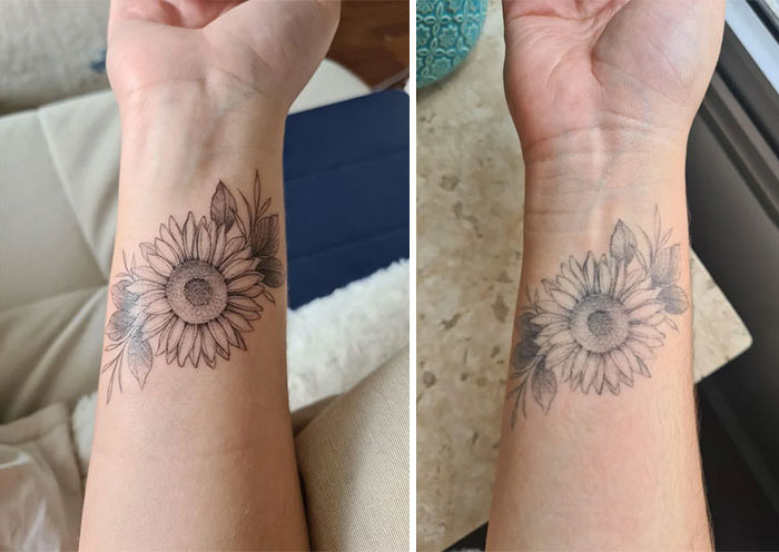 Sunflower tattoo on wrist showing aging effects over time, with faded lines and colors.