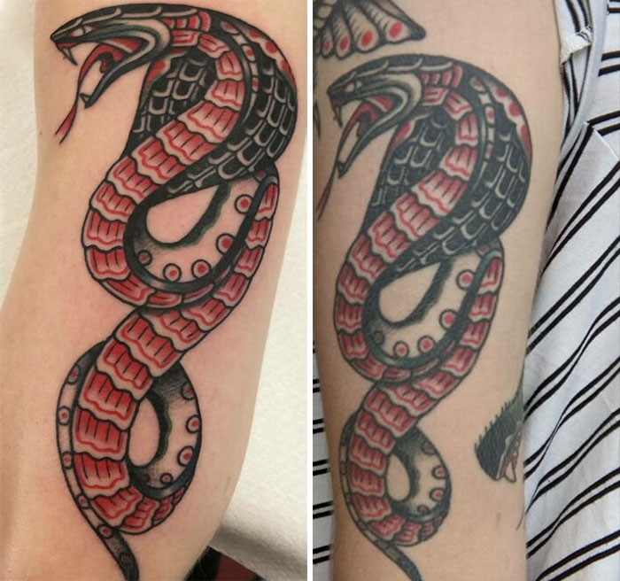 Aged tattoos of a serpent on arm, showing color fading and detail changes over time.