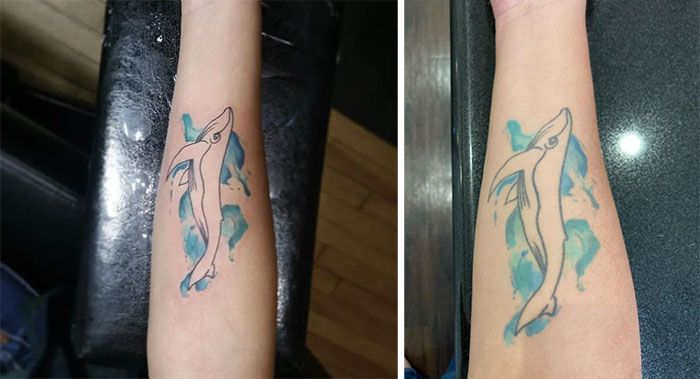 Comparison of an aged tattoo of a whale on an arm, showing changes over time in color and line clarity.