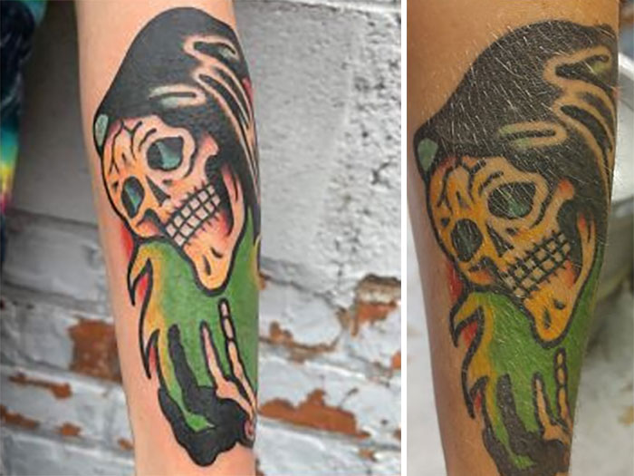 Aged tattoos of a Grim Reaper show color fading and design changes over time.