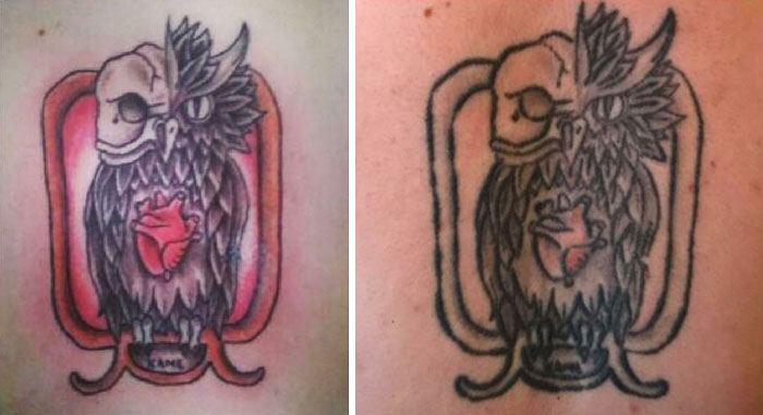 Aged tattoos showing color fading and detail loss over years in comparison.