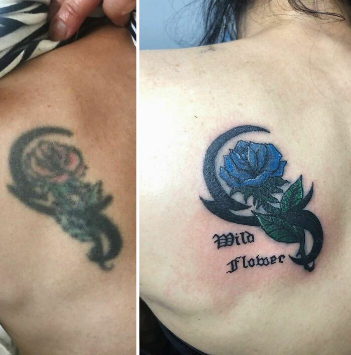 Comparison of aged tattoos: a faded rose design next to a vibrant blue rose with "Wild Flower" text.