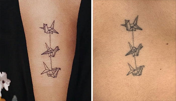 Aged tattoos comparison showing how tattoos change over time, with origami birds design on skin.