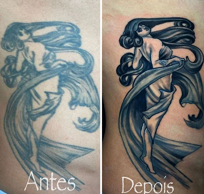 Aged tattoo showing fading and renewal over years, with "Antes" and "Depois" versions side by side.