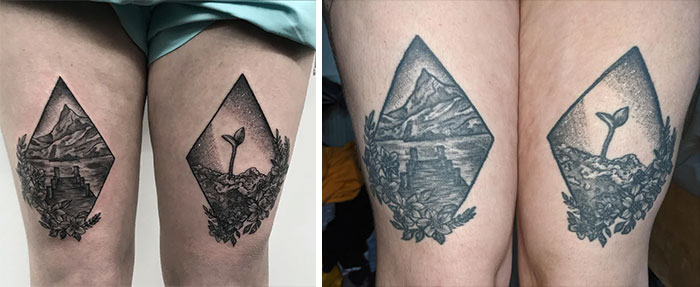 Comparison of aged tattoos showing fading and detail changes over time on thighs.