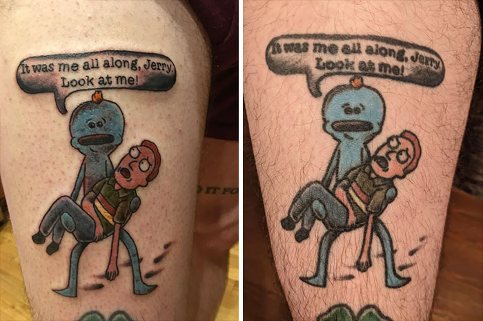 Aged tattoo of cartoon characters comparing vibrant colors to faded shades over time.