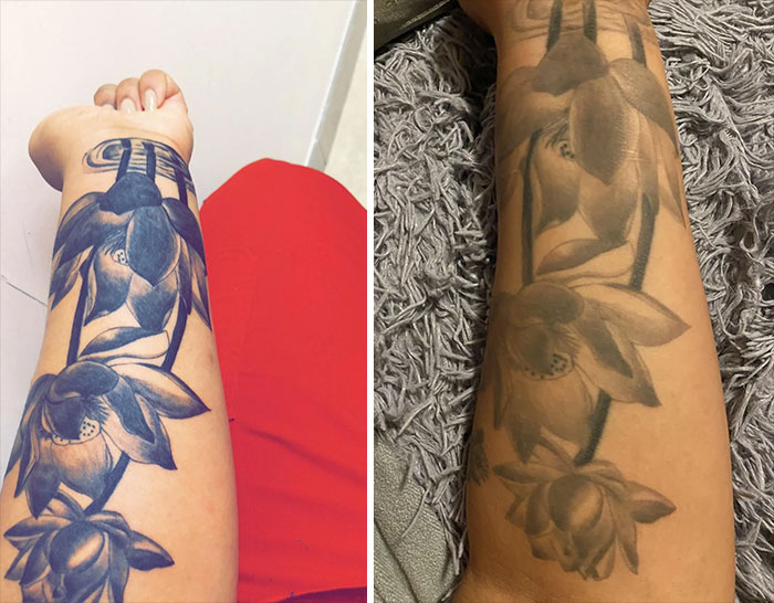 Aged tattoos showing color fading comparison over the years.