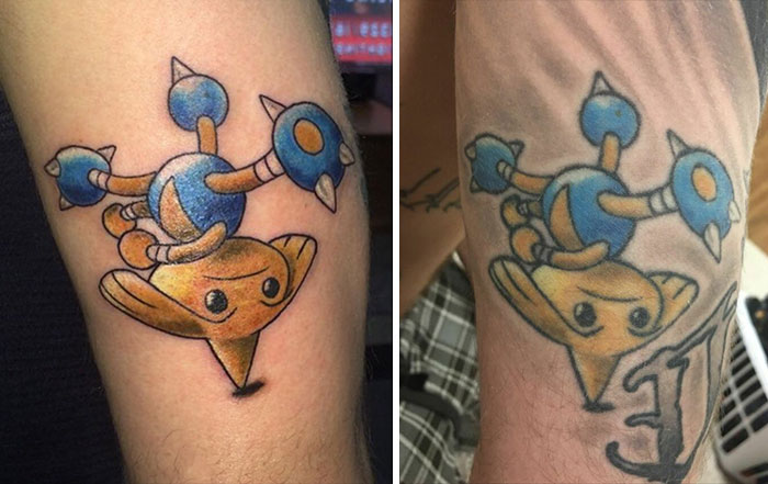 Comparison of aged tattoos showing color fading over time on a person's arm.