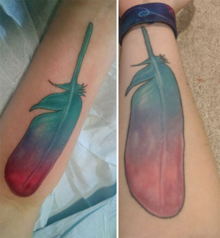 Aged feather tattoos on arm, vibrant colors fading with time.