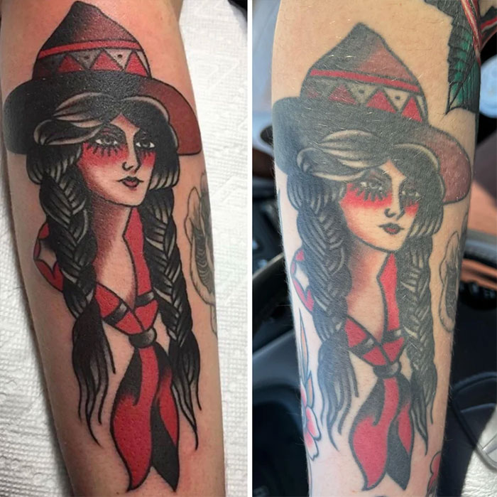 Aged tattoos of a woman in a hat with red cheeks and braided hair, showing fading effects over the years.