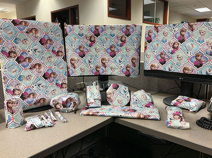 I Was On Vacation, And My Team Decided To Wrap Up My Desk While I Was Gone. So This Is What I Walked Into This Morning. My System Froze