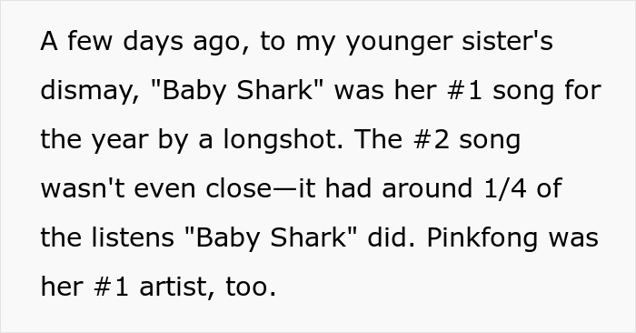 Woman Plays “Baby Shark” On Repeat For An Entire Year On Her Sister’s Spotify To Take Her Petty Revenge Woman Plays “Baby Shark” On Repeat For An Entire Year On Her Sister’s Spotify To Take Her Petty Revenge