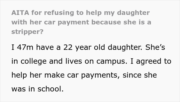 22 Y.O. Daughter Doesn't Want To Leave Her Stripper Job Since It's 'Easy Money', Dad Ends Up Refusing To Help Her With Car Payments 22 Y.O. Daughter Doesn't Want To Leave Her Stripper Job Since It's 'Easy Money', Dad Ends Up Refusing To Help Her With Car Payments