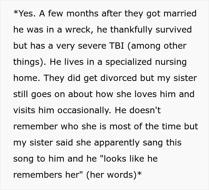 Woman’s Husband Can’t Remember His Wife After Being In A Wreck, Her Half-Sister Still Refuses To Choose Another Song For Her Wedding Other Than Theirs Woman’s Husband Can’t Remember His Wife After Being In A Wreck, Her Half-Sister Still Refuses To Choose Another Song For Her Wedding Other Than Theirs
