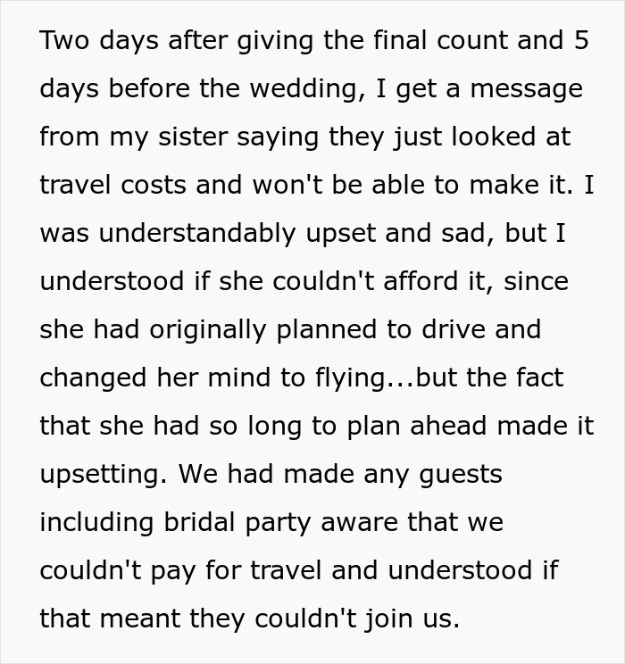 Woman Invited As Sister's Maid Of Honor Says She Can't Afford Long Flight, Exposed Later At Resort