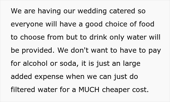 “Am I A Jerk For Having A Dry Wedding And Serving Only Water For Drinks?”: The Internet Gives This Engaged Woman A Reality Check “Am I A Jerk For Having A Dry Wedding And Serving Only Water For Drinks?”: The Internet Gives This Engaged Woman A Reality Check