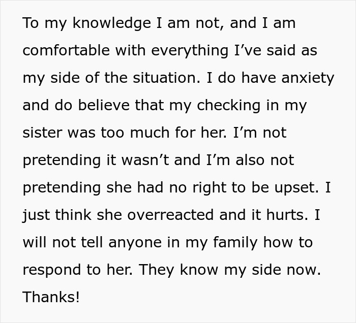 "She Said That My Anxiety Over Her Health Issues Was Too Much": Family Drama Arises As Woman Cuts Off Contact With Her 'Too Intrusive' Sibling "She Said That My Anxiety Over Her Health Issues Was Too Much": Family Drama Arises As Woman Cuts Off Contact With Her 'Too Intrusive' Sibling