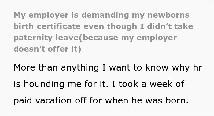 The boss demands that the employee give him his son's birth certificate, but he doesn't understand why