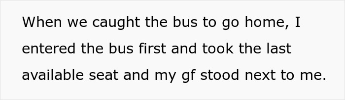 She asks to take her boyfriend's seat on the bus, but he refuses and doesn't think it matters that she wears heels.
