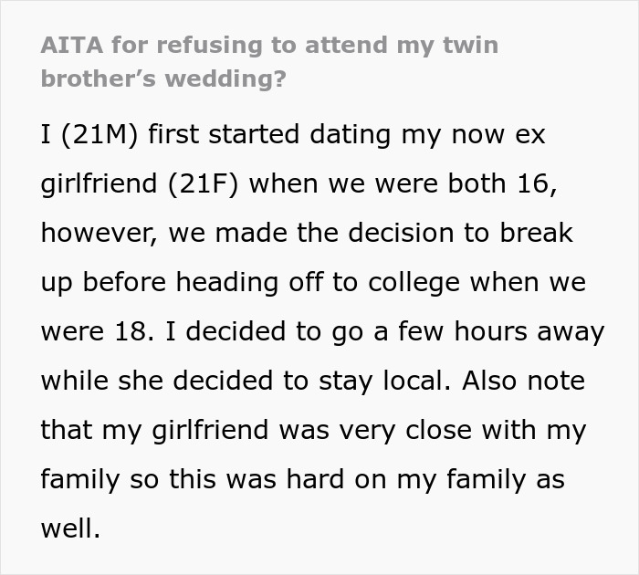 Guy Turns Down Twin Brother And Ex-Girlfriend’s Wedding Invitation, Asks If He’s Wrong Guy Turns Down Twin Brother And Ex-Girlfriend’s Wedding Invitation, Asks If He’s Wrong