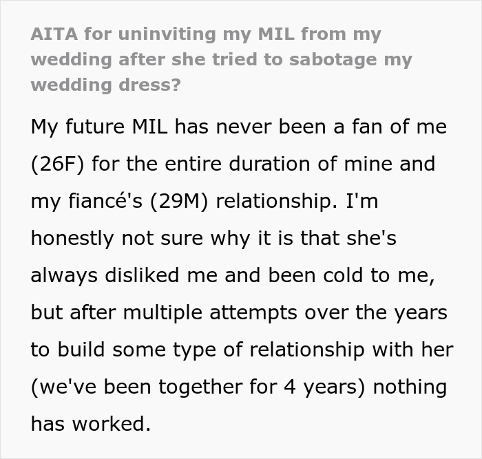 “I Was Livid”: Bride-To-Be Reveals How Her Mother-In-Law Tried To Sabotage Her Wedding Dress “I Was Livid”: Bride-To-Be Reveals How Her Mother-In-Law Tried To Sabotage Her Wedding Dress