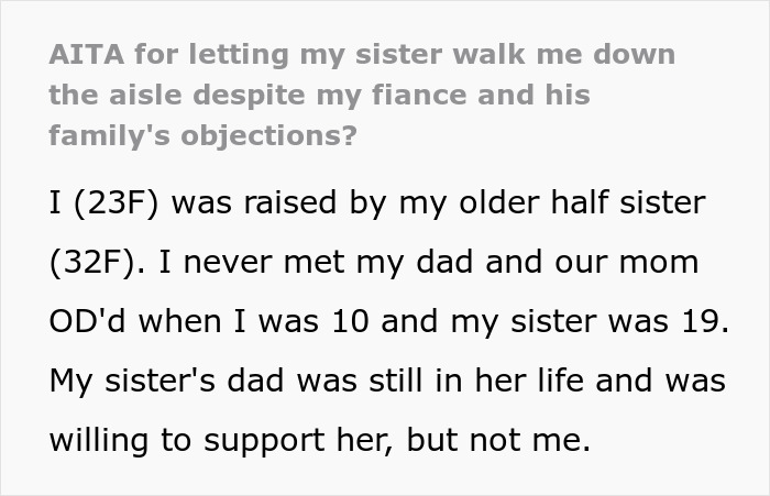 23 Y.O. Wants Her Half-Sister To Take Her Down The Aisle As She Practically Raised Her, In-Laws Say It's Inappropriate