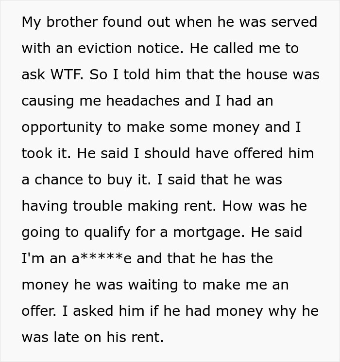 Woman Secretly Sells Her House Which She Was Renting To Her Brother And His Family After He Was Late To Pay Rent
