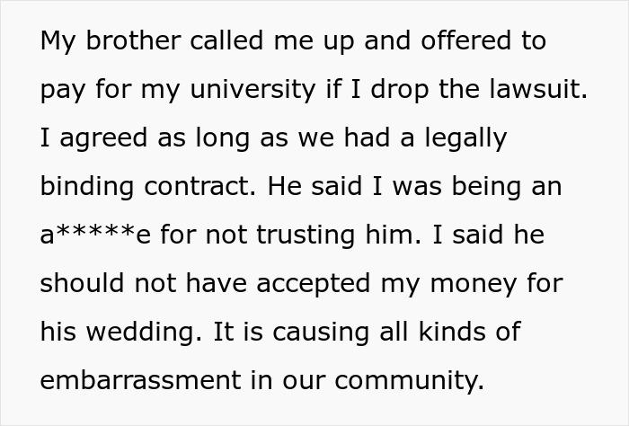 Family Are Furious With Daughter After She Sues Them For Stealing Her College Fund So Their Son Could Have A Grand Wedding