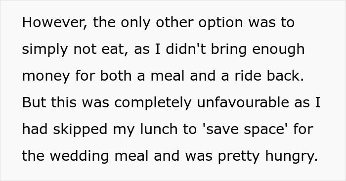 A woman was shocked to find a $50 meal at a colleague's wedding and tried to get McDonald's instead.