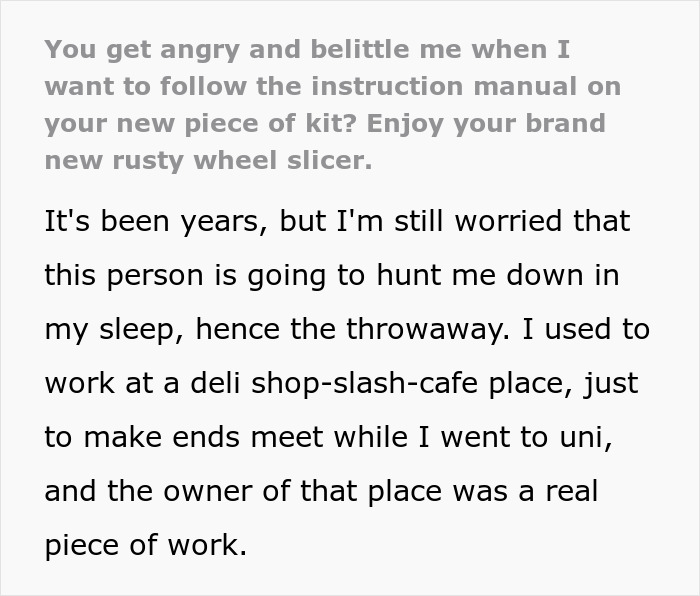 Angry Boss Belittles Employee For Following Exact Meat Slicer Cleaning Instructions, Gets Slapped With Malicious Compliance Angry Boss Belittles Employee For Following Exact Meat Slicer Cleaning Instructions, Gets Slapped With Malicious Compliance