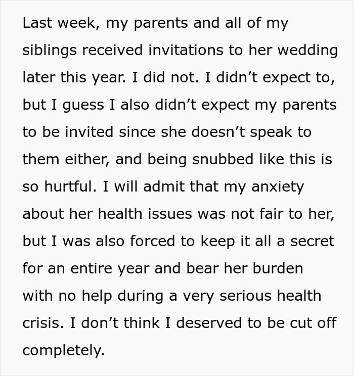 "She Said That My Anxiety Over Her Health Issues Was Too Much": Family Drama Arises As Woman Cuts Off Contact With Her 'Too Intrusive' Sibling "She Said That My Anxiety Over Her Health Issues Was Too Much": Family Drama Arises As Woman Cuts Off Contact With Her 'Too Intrusive' Sibling