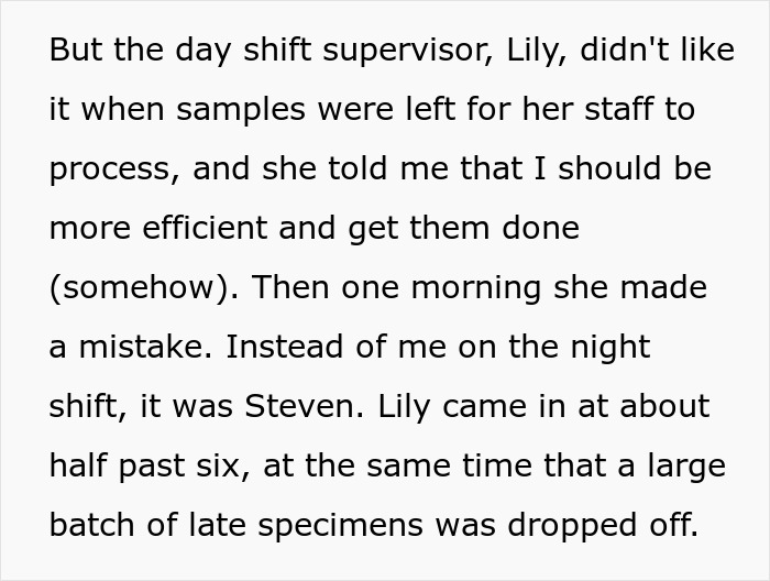 "And Then, At Exactly 7AM, He Quietly Went Home": Lab Employee Maliciously Complies With The Shift Manager As She Orders Him To Keep Working After Hours