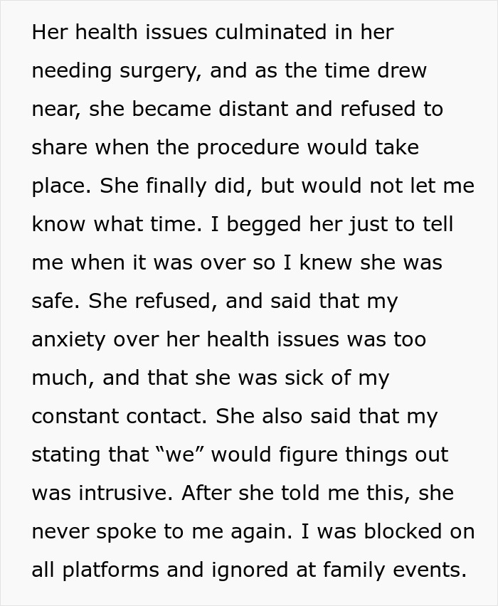 "She Said That My Anxiety Over Her Health Issues Was Too Much": Family Drama Arises As Woman Cuts Off Contact With Her 'Too Intrusive' Sibling "She Said That My Anxiety Over Her Health Issues Was Too Much": Family Drama Arises As Woman Cuts Off Contact With Her 'Too Intrusive' Sibling